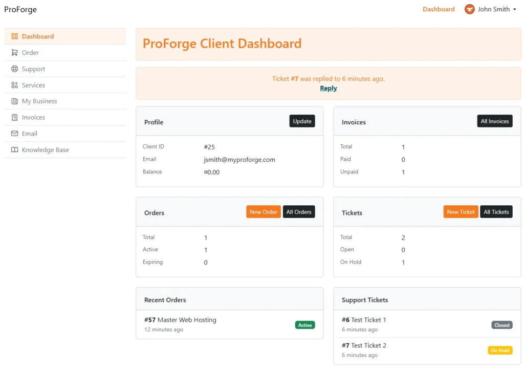 ProForge client dashboard showing invoices, orders, and account balance