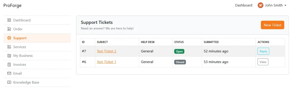 ProForge client support tickets list